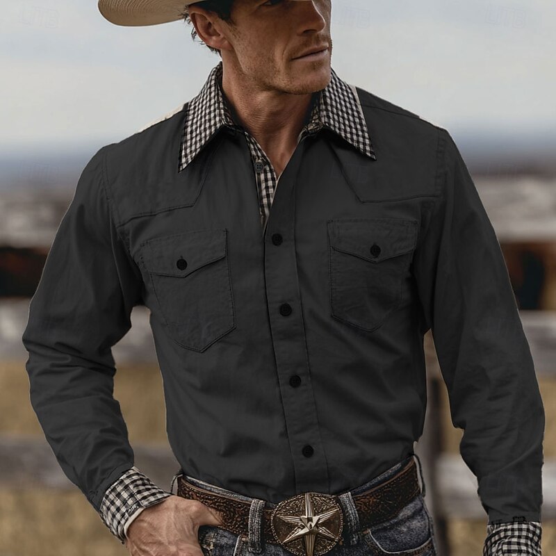 Men's Geometric Plaid Checkered Shirt Western Shirt Cowboy Shirt Long Sleeve Vintage Retro Outdoor Daily WorkWear Fall & Winter Turndown 3D Print Front Two Pockets Button Up Shirts Black Green Beige2