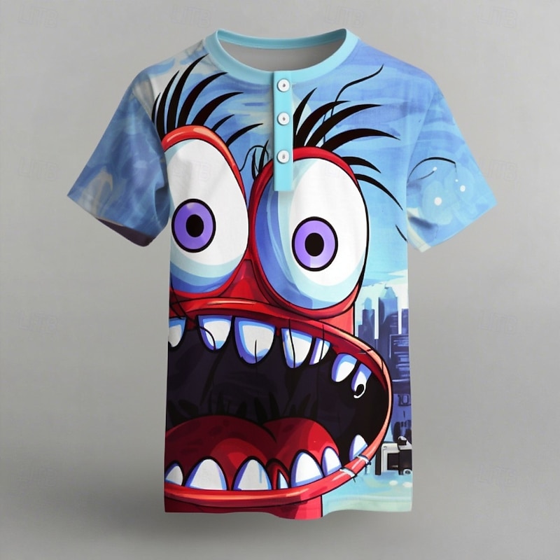Men's Cartoon T Shirt Henley Shirt Short Sleeve Designer Retro Vintage Trendy Street Casual Daily Summer Spring Light Blue Henley Henley T-Shirt
