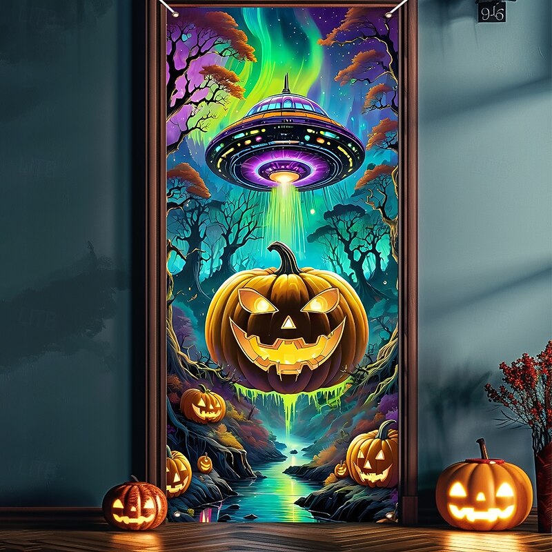 Halloween Door Cover Outdoor Banners Pumpkin UFO Fantasy Psychedelic Dark Punk Gothic Style Party Outdoor Shooting Backgrounds Front Door Wall Porch Home Decor2