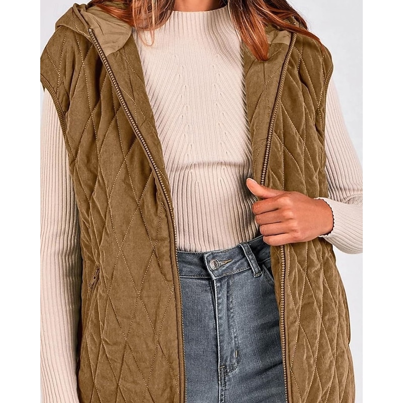 Women's Vest Warm Comfortable Zipper Pocket Fashion Plain Outdoor Vacation Zipper Regular Hooded Regular Fit Sleeveless Outerwear Navy Pink Camel Fall Winter2