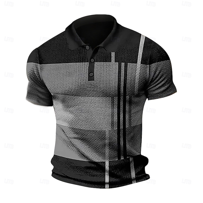 Men's Waffle Polo Shirt Golf Shirt Casual Date Lapel Short Sleeves Fashion Plaid / Striped / Chevron / Round Print Summer Dry-Fit Yellow Pink Red Blue Light Purple Orange Waffle Polo Shirt2