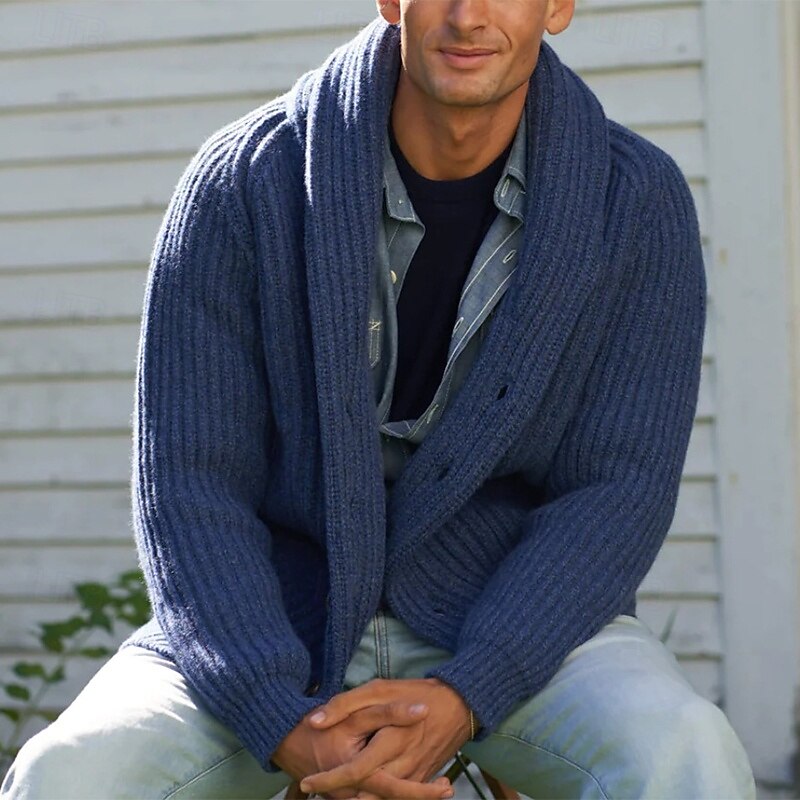 Men's Sweater Dress Sweater Cardigan Sweater Knit Sweater Ribbed Knit Regular Tops Knitted Ribbed Plain Shawl Collar Fashion Shawls Casual Daily Wear Clothing Apparel Fall Winter Blue M L XL