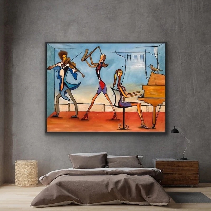 Music Art Abstract Painting On Canvas music oil painting , unique oil painting Musicians, Piano Violin painting Cubism Abstract Wall Art