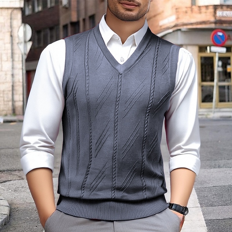 Men's Sweater Vest Dress Sweater Pullover Sweater Jumper Vest Knit Sweater Ribbed Knit Regular Tops Knitted V Neck Daily Wear Date Clothing Apparel Fall Winter Camel Wine S M L2