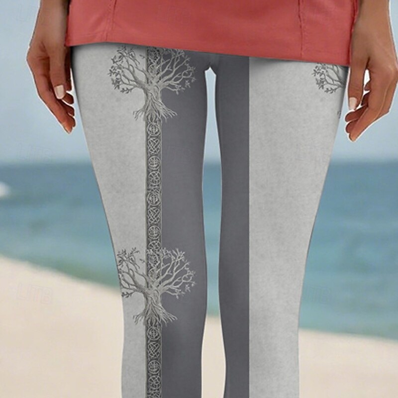 Women's Pants Trousers Leggings Cozy Leggings Streetwear Casual Full Length High Waist Color Block Tree Elastic Waist Print Breathability Comfortable Stretchy Vacation Street Daily Wear Gray Summer2