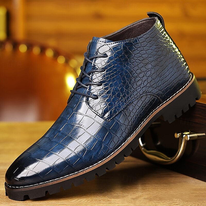 Men's Blue Crocodile Pattern Faux Leather Ankle Boots – Formal Lace-Up Dress Shoes for Business and Evening Events