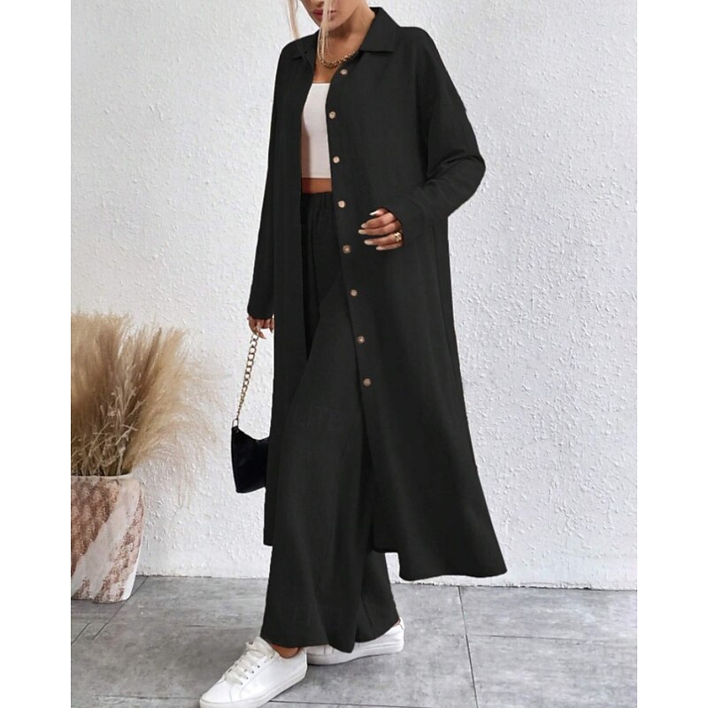 Women's Active Fashion Blouse Pants Sets Long Sleeve V Neck Solid Color Outdoor Vacation Holiday Black Green Light Blue Fall Regular Fit2