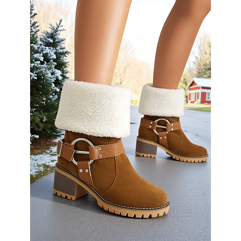 Women's Faux Suede Ankle Boots with Shearling Cuff and Buckle – Casual Winter Chunky Heel Boots for Outdoor, Travel and Cozy Outfits