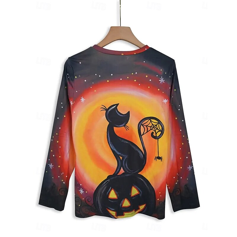 Halloween Women's T shirt Black Cat Long Sleeve Crew Neck Long Sleeve Tunic Graphic Animal Cat Vintage Stylish Round Neck Regular Tops Daily Weekend Print Orange Fall Prefall2