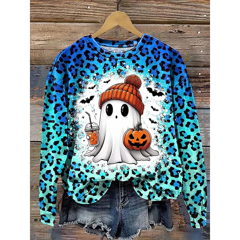 Halloween Women's Pullover Sweatshirt Ghost Graphic Fashion Casual Long Sleeve Crew Neck Regular Tops Street Dailywear Casual Print Yellow Blue Orange Fall Winter