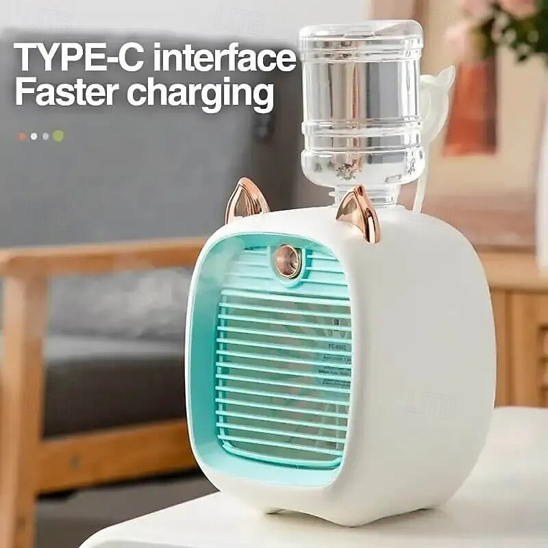 Kids Portable Air Conditioner Fan Rechargeable Mini Fox Design Cooling Fan With Mist Spray Humidifier Summer Desktop Appliance Portable Personal Air Cooler For Home Office Use2
