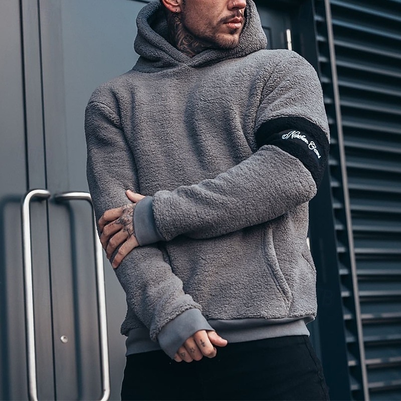 Men's Hoodie Fleece Hoodie Black Gray Hooded Plain Patchwork Sports & Outdoor Casual Daily Streetwear Cool Sportswear Winter Clothing Apparel Hoodies Sweatshirts