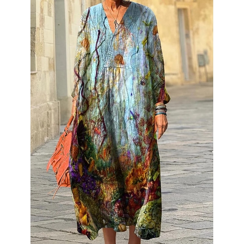 Women's Midi Dress Sundress A Line Dress Vacation Casual Boho Going out Beach Loose Fit Graphic Geometric Long Sleeve V Neck Purple Orange Green Spring Fall Winter Autumn