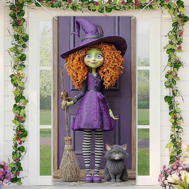 Halloween Door Cover Outdoor Banners Witch Cat 3D Psychedelic Dark Punk Gothic Style Party Outdoor Shooting Backgrounds Front Door Wall Porch Home Decor2