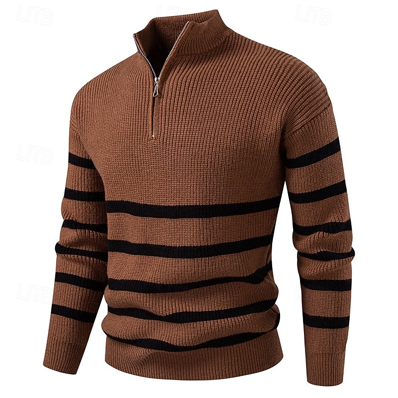Men's Pullover Sweater Jumper Quarter Zip Sweaters Knit Sweater Ribbed Knit Regular Tops Knitted Stripes Half Zip Fashion Casual Vacation Daily Wear Clothing Apparel Winter Black Blue S M L