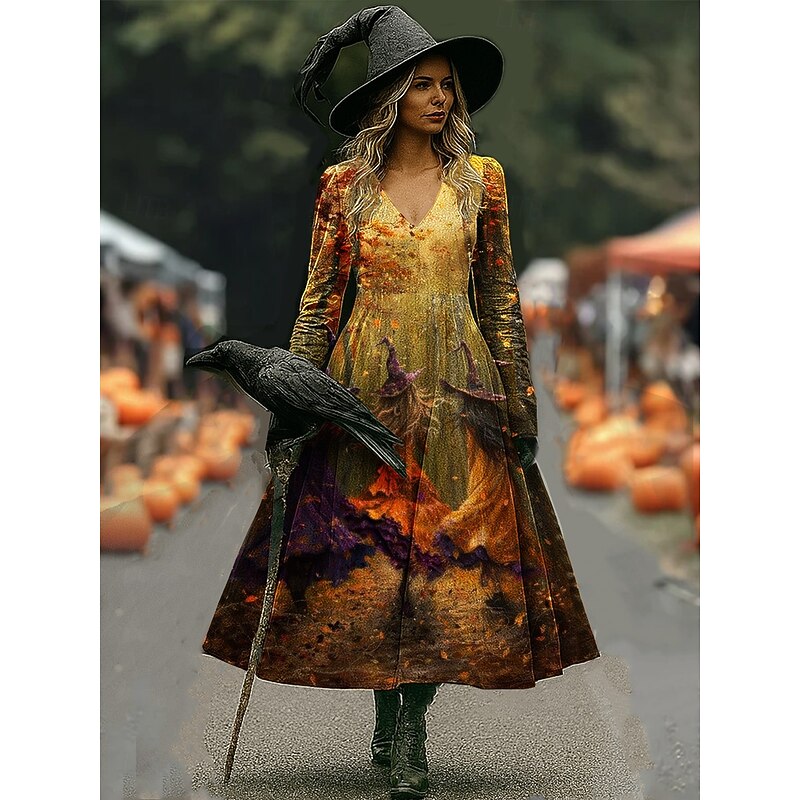 Halloween Women's Witch Print Maxi Dress A Line Dress Vacation Casual Boho Beach Regular Fit Floral Graphic Hocus Pocus Long Sleeve V Neck Yellow Dark Green Purple Orange Spring Fall