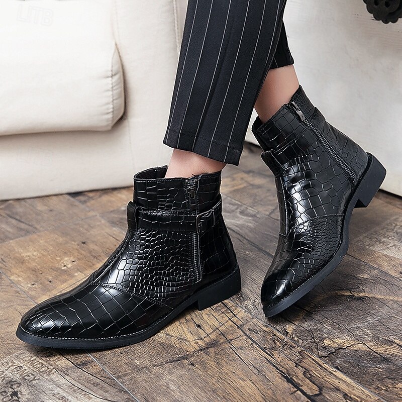 Men's Black Crocodile Pattern Side-Zip Boots, Faux Leather Punk Style Shoes for Night Out and Concerts4
