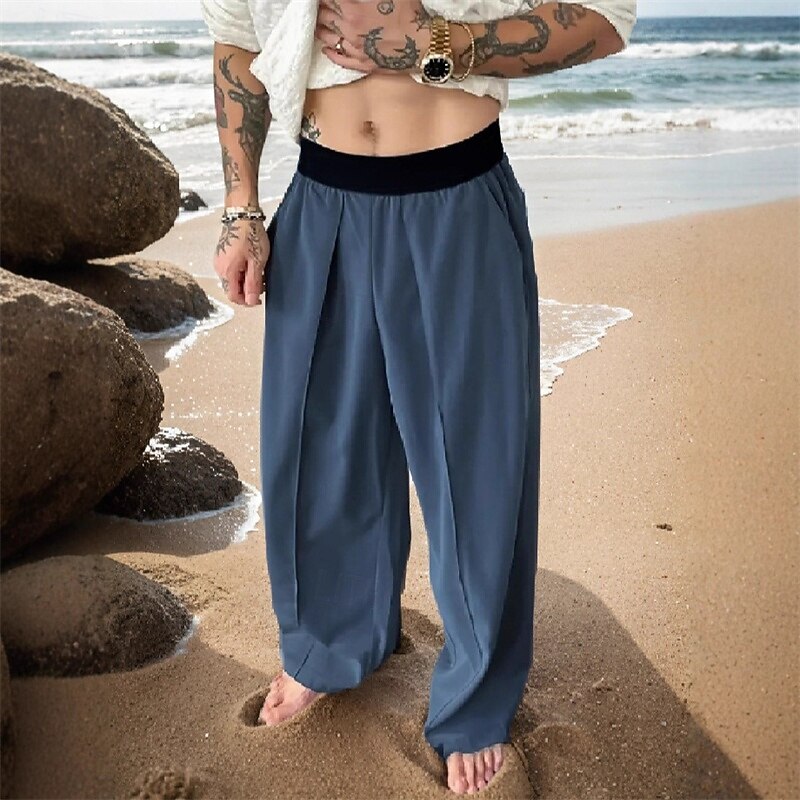 Men's Trousers Casual Pants Drawstring Pocket Elastic Waist Plain Comfort Sports Outdoor Daily Fashion Casual Navy Blue Blue Micro-elastic3