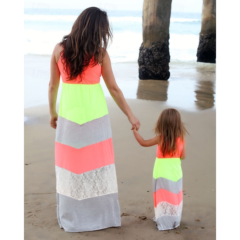 Mommy and Me Dresses Striped Street Patchwork Yellow Sleeveless Maxi Tank Dress Active Matching Outfits