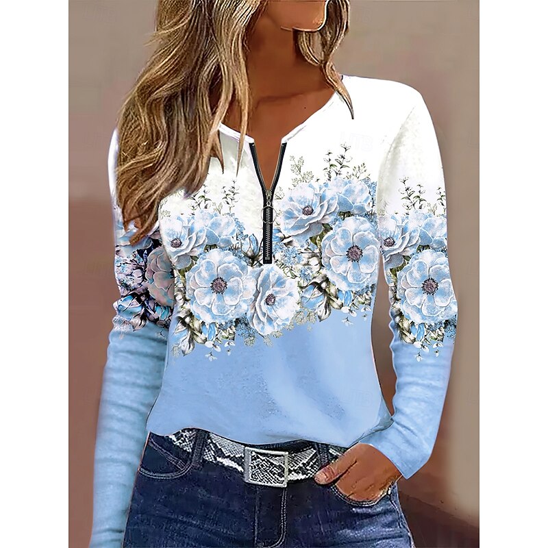 Women's T Shirt Ombre Floral Graphic Elegant Vintage Stylish Long Sleeve Round Neck Notched Neck Regular Tops Daily Weekend Zipper Print Pink Sky Blue Purple Spring Fall Winter4