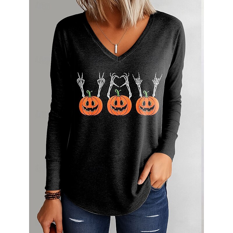 Halloween Women's T shirt Pumpkin Graphic Elegant Vintage Stylish Long Sleeve V Neck Regular Tops Daily Going out Weekend Print Blue Purple Orange Green Spring Fall