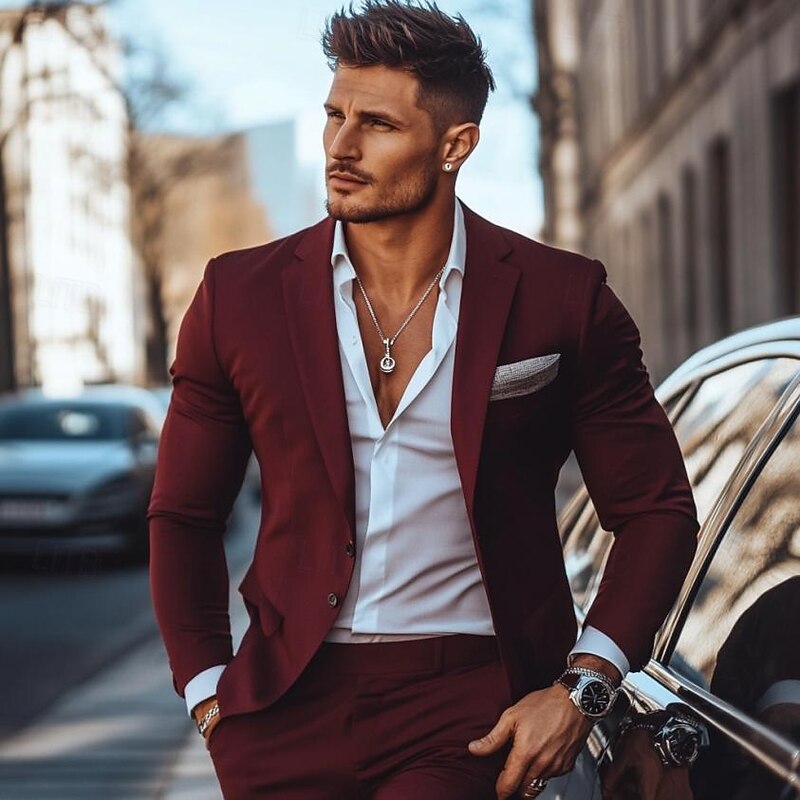 Men's Wedding Casual Party Suits Notch Lapel Burgundy Formal Solid Colored Slim Fit 2 Piece Single Breasted Two-buttons