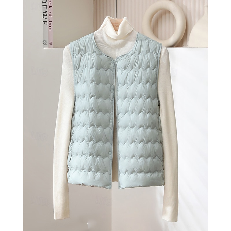Women's Vest Warm Comfortable Buttons Casual Plain Holiday Going out Single Breasted Regular Crewneck Regular Fit Sleeveless Outerwear Light Pink Light Blue White Fall Winter4