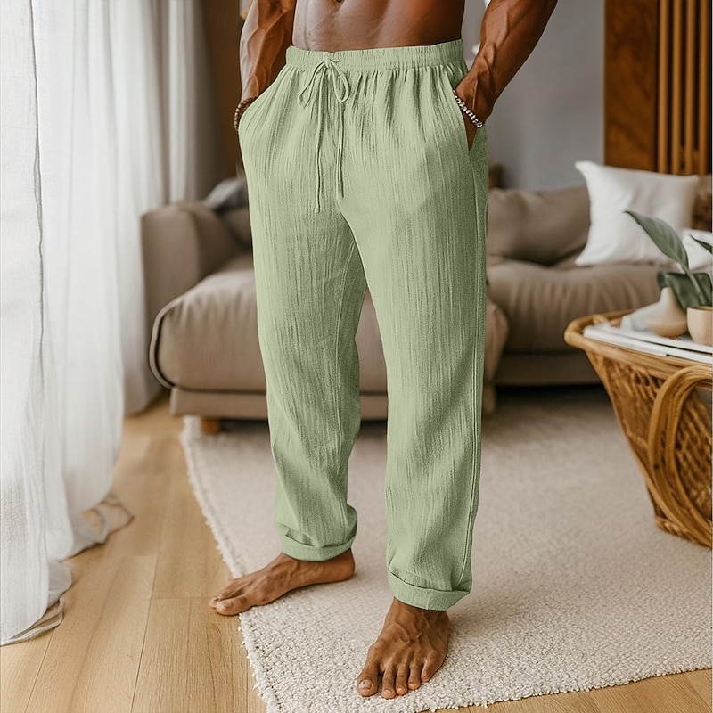 Men's Linen Pants Trousers Baggy Pants Beach Pants Drawstring Pocket Plain Comfort Breathable Full Length Daily Vacation Stylish Black White Inelastic