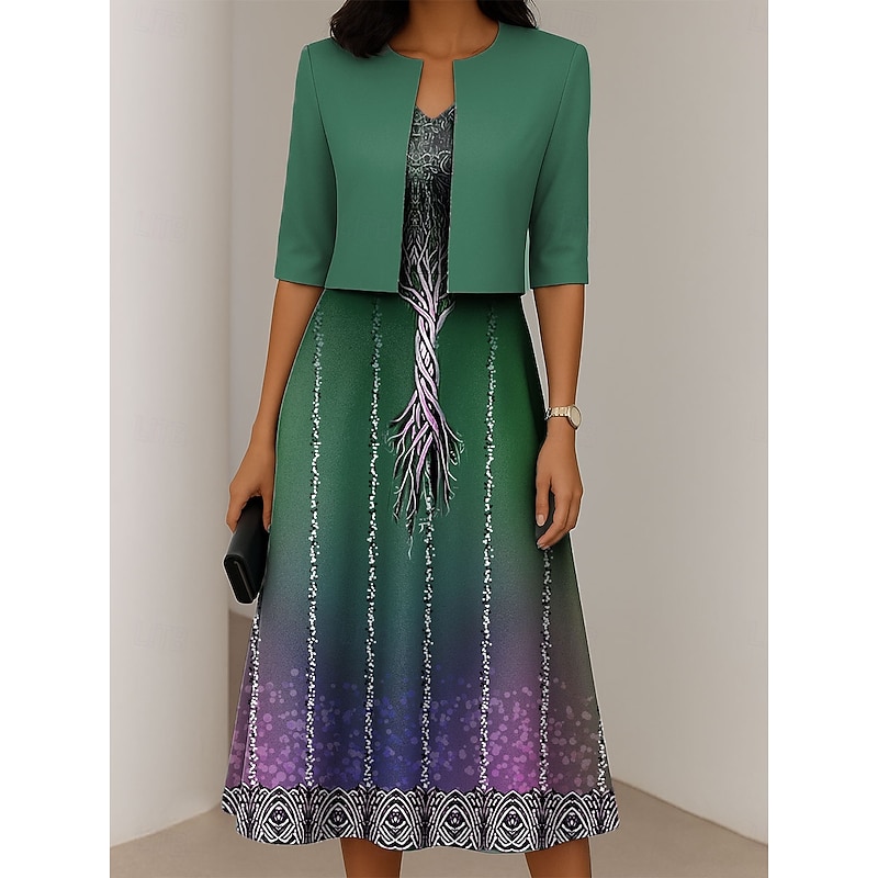 Women's Dress Set A Line Dress Summer Dress Elegant Casual Ombre Graphic Print Midi Dress Half Sleeve V Neck Vacation Date Purple Brown Green Spring Fall Regular Fit3