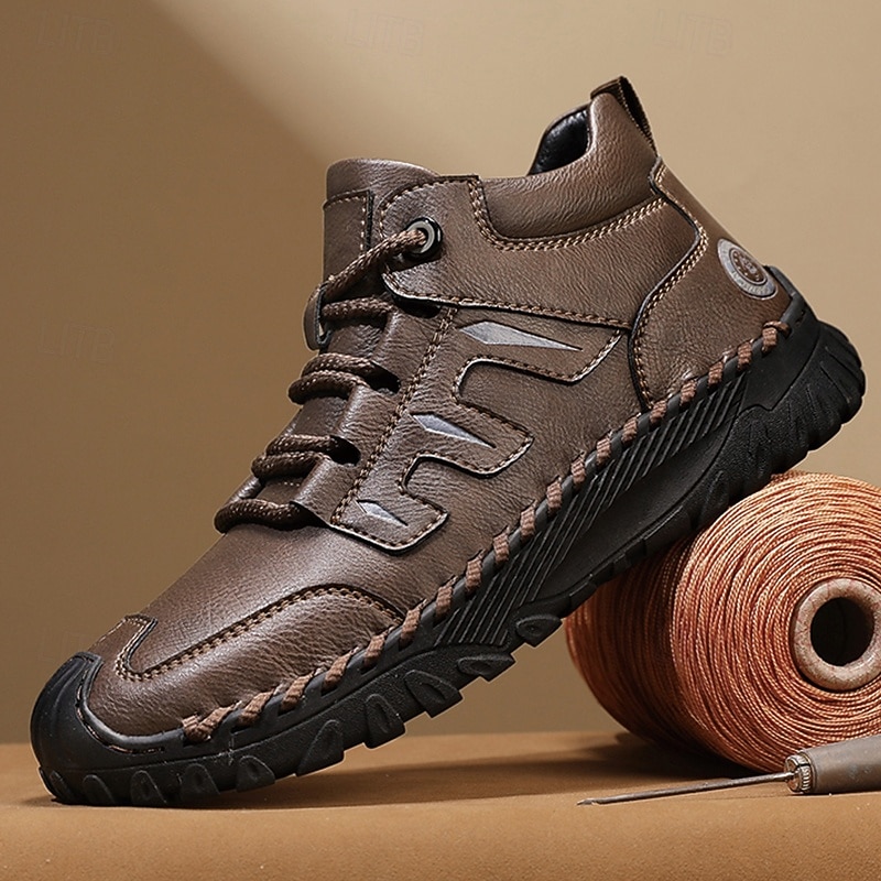 Men's Coffee Brown Leather Sneakers with Contrast Stitching and Cushioned Sole – Comfortable Casual Shoes for Outdoor Adventures and City Fashion