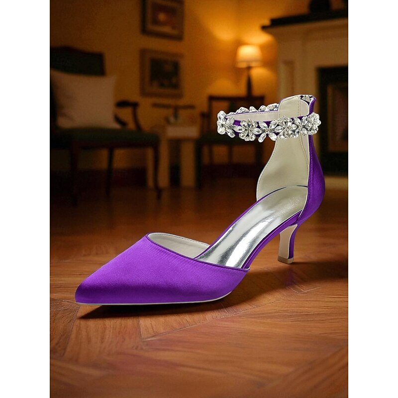 Women's Teal Satin Pointed Toe Heels with Crystal Floral Ankle Strap, Elegant High Heels for Cocktail Parties3