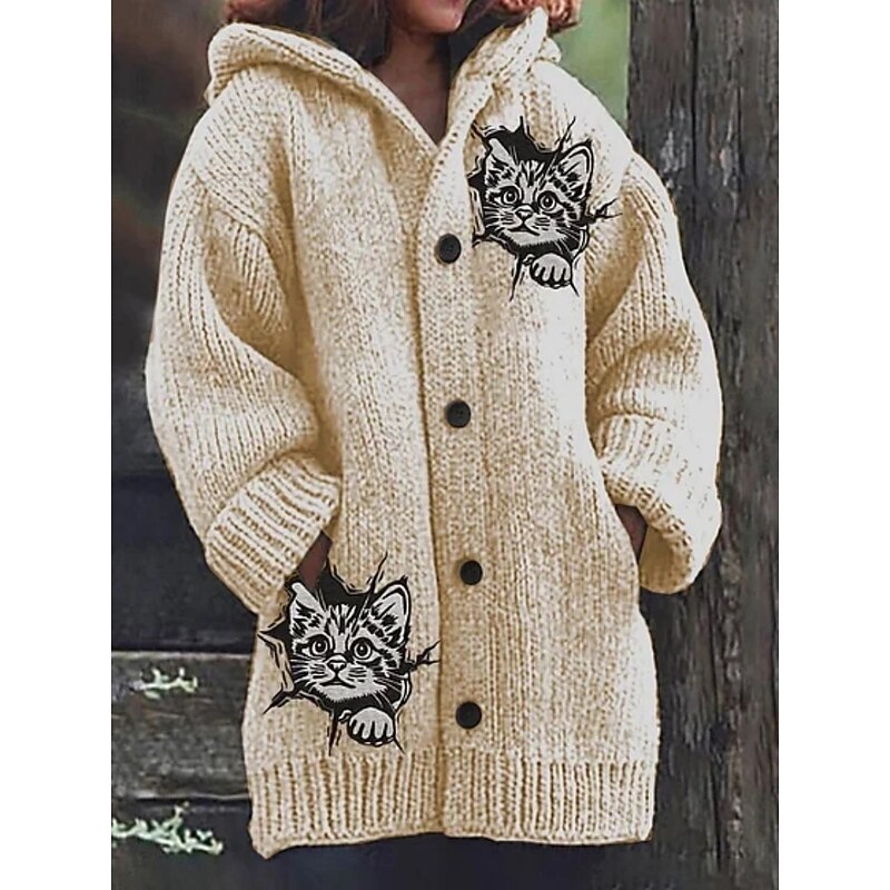 Women's Cardigan Vacation Daily Animal Ribbed Hooded Knitted Print Front Pocket Long Sleeve Regular Tops Knit Outdoor Daily Holiday White Yellow Fall Winter2