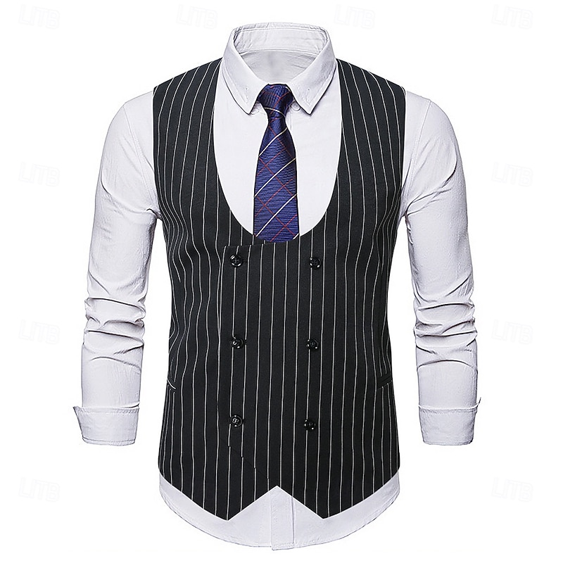 Men's Waistcoat Cocktail Attire Formal Casual Vintage Fashion Spring Spring &  Fall Buttons Polyester Comfortable Plain Striped Double Breasted U Neck Slim Fit Black Vest2