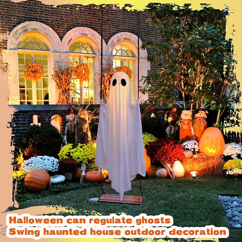 1 Pc 1.5M/5FT Halloween Hanging Swing Light up Cute Ghosts Indoor and Outdoor Front Gallery Courtyard Party Halloween Festival Atmosphere Decorative Light AAA Battery Box Remote Control3