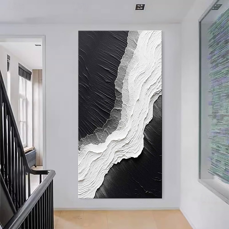 Handmade Oil Painting Canvas Wall Art Decoration Modern Abstract Landscape Black and White Wave Texture for Home Decor Rolled Frameless Unstretched Painting4