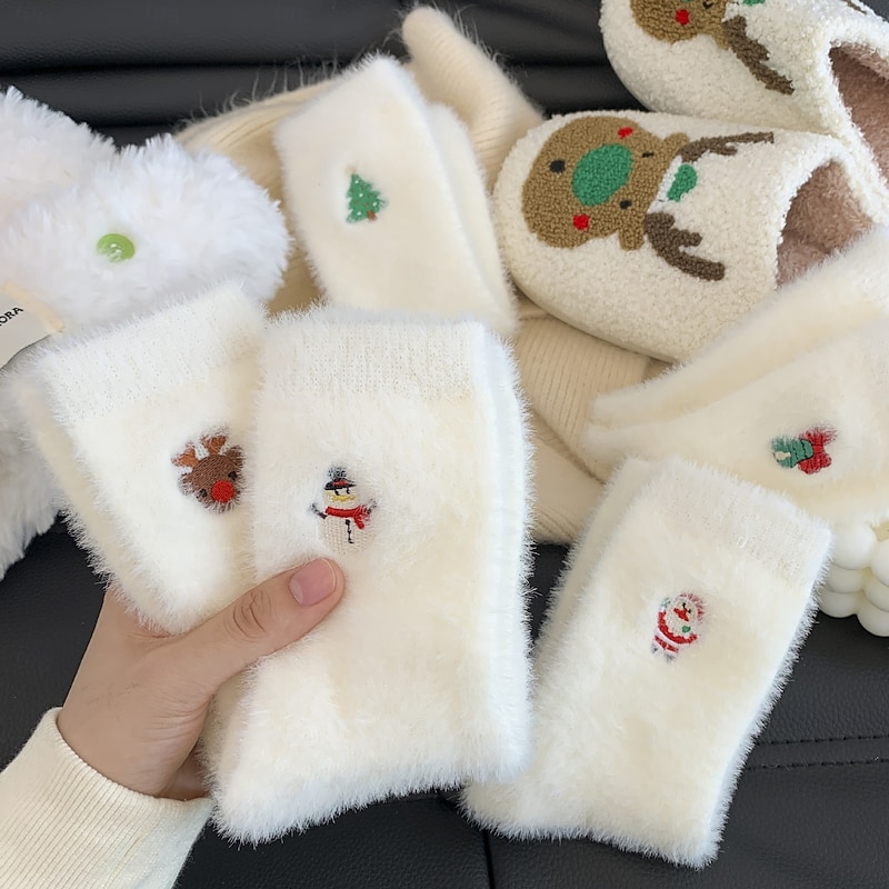 Winter Christmas Socks for Women, Thick Warm Fuzzy Socks with Snowman & Santa Claus Design, Cozy White Mink Plush Holiday Socks, Cute Xmas Tree Pattern Sleep Socks
