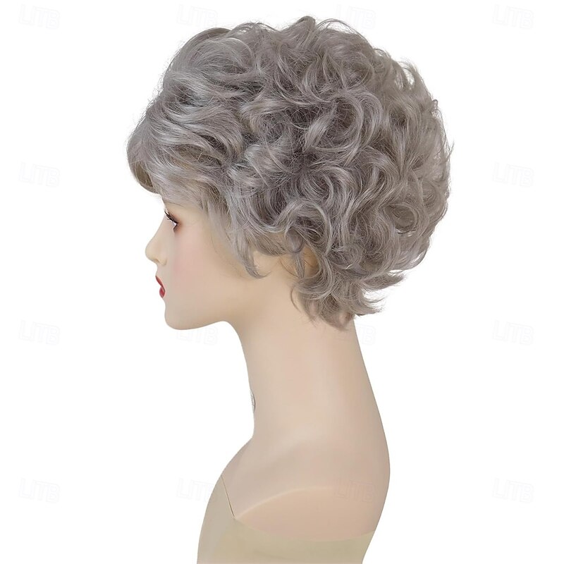 Synthetic Short Grey Curly Wigs for Senior Women Silver Grey Hair Layered Pixie Cut Hair Wig with Bangs Fluffy Wavy Wigs Old Lady Daily Granny Halloween Costume Party3