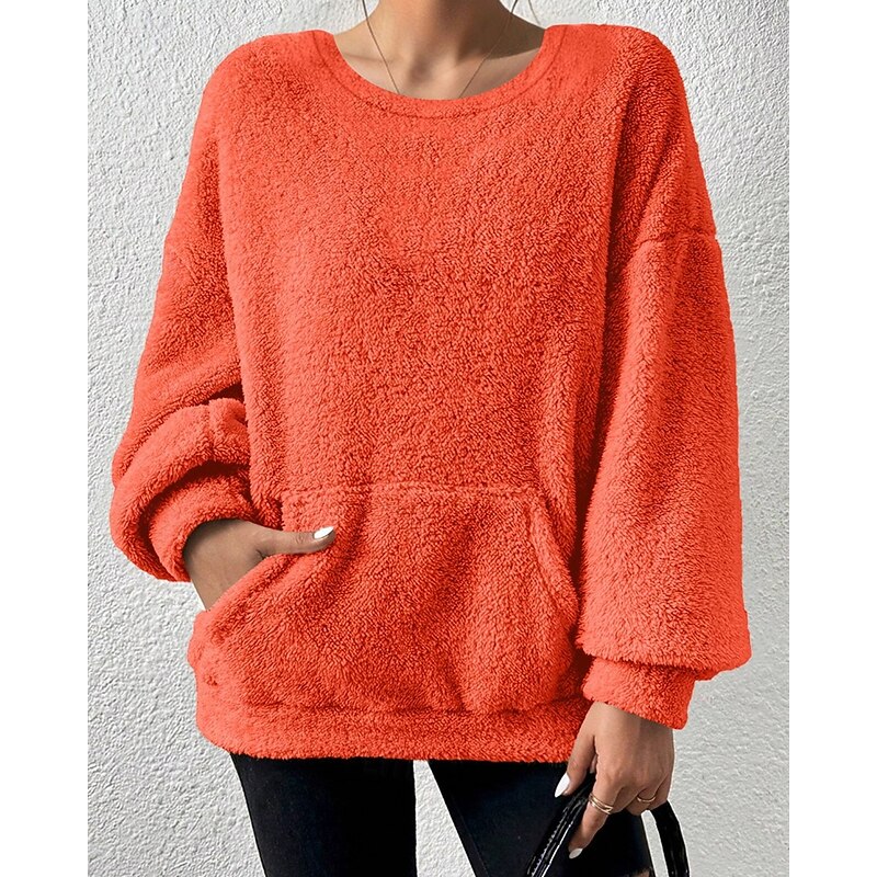Women's Hoodies Plain Streetwear Casual Long Sleeve Crew Neck Regular Tops Street Holiday Pocket Orange Fall Winter2