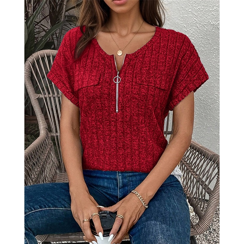 Women's Texture Sweatshirt T Shirt Tee Top Plain Fashion Modern Short Sleeve Crew Neck Regular Tops Daily Going out Quarter Zip Black Wine Army Green Royal Blue Orange Summer2