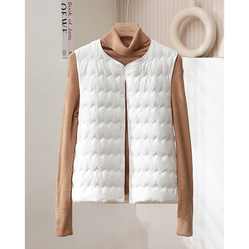 Women's Vest Warm Comfortable Buttons Casual Plain Holiday Going out Single Breasted Regular Crewneck Regular Fit Sleeveless Outerwear Light Pink Light Blue White Fall Winter2