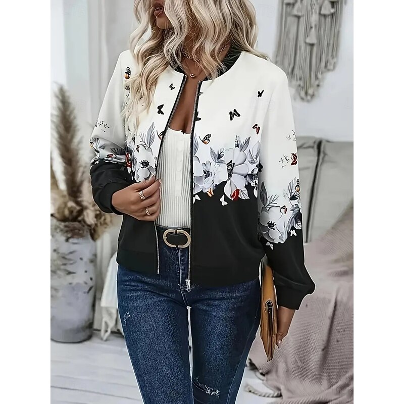 Women's Bomber Jacket Casual Jacket Comfortable Breathable Zipper Print Casual Floral Vacation Street Casual Daily Wear Zipper Short Stand Collar Regular Fit Long Sleeve Outerwear Black White Navy