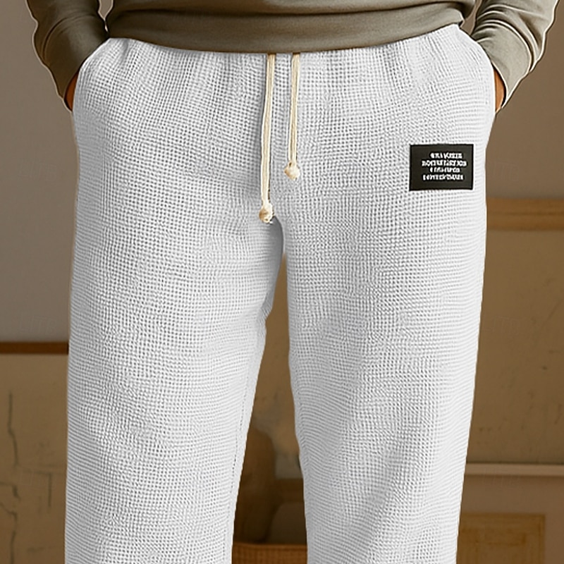 Men's Waffle Slacks Waffle Pants Drawstring Front Pocket Plain Comfort Full Length Outdoor Home Party Fashion Chic & Modern Dark Brown Black Stretchy2