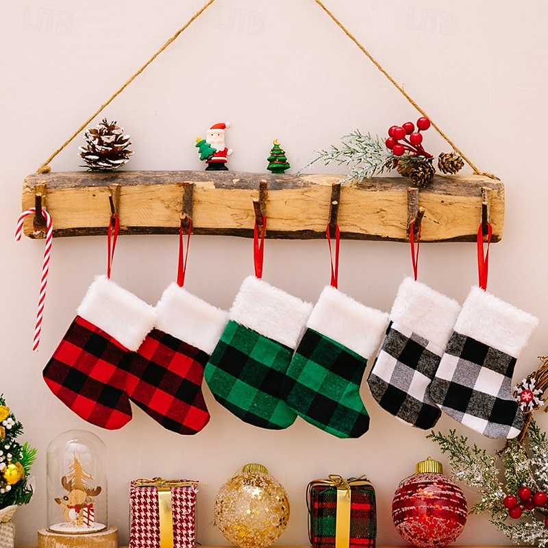 2Pcs Mini Christmas Stockings, Plaid Silverware Holders, Creative Small Xmas Gift Bags, Holiday Tree Hanging Ornaments