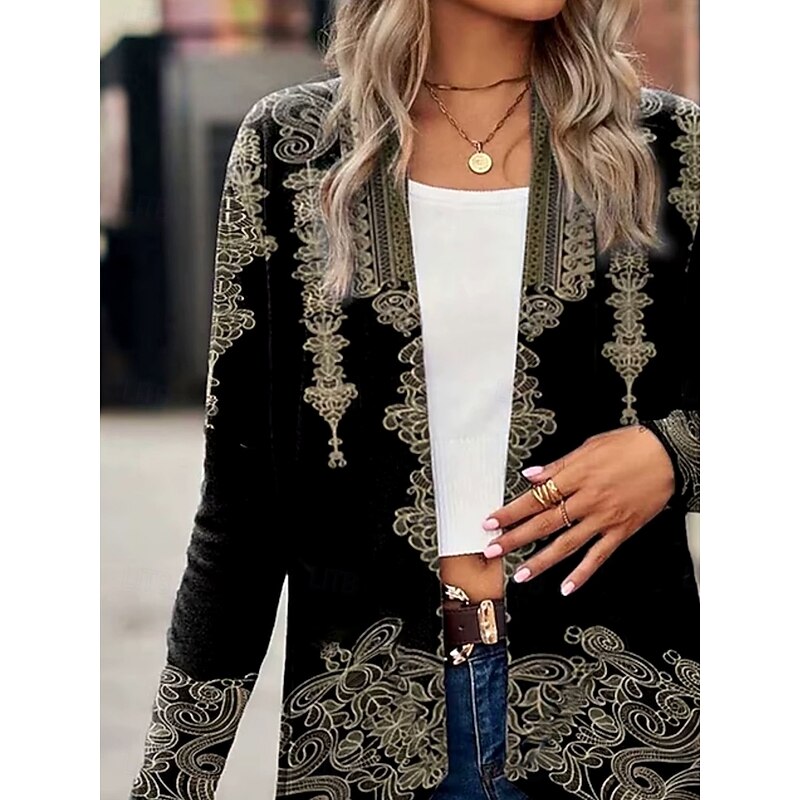 Women's Trench Coat Lightweight Comfortable Print Open Front Vintage Casual Boho Vintage Print Vacation Street Casual Daily Wear Long Collarless Regular Fit Long Sleeve Outerwear Black Spring Fall2