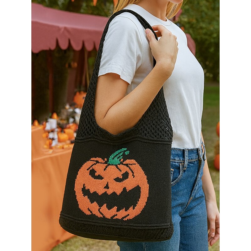 Women's Halloween Pumpkin Knit Tote Bag, Black Shoulder Handbag, Casual Trick-or-Treat Shopper for Festivals, Parties and Daily Use3