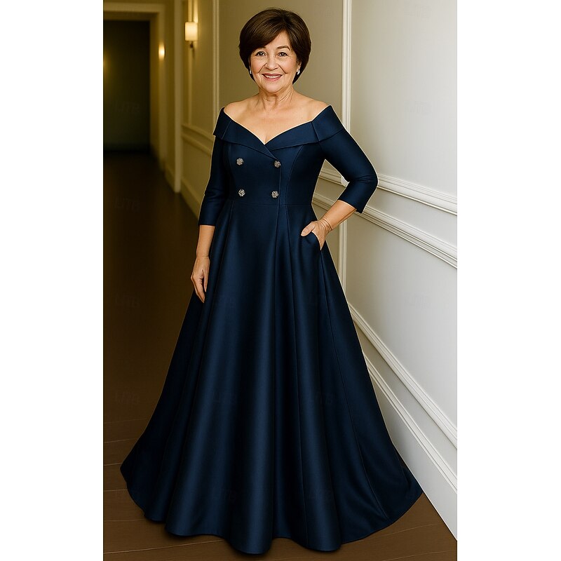 Tuxedo Dress A-Line Formal Wedding Wedding Guest Satin Elegant Silky 3/4 Sleeve Pleated Floor Length3