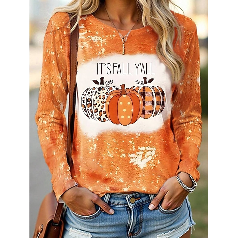 Halloween Women's T shirt Pumpkin Graphic Vintage Stylish Classic Long Sleeve Crew Neck Regular Tops Daily Print Pink Blue Orange Green Spring Fall Winter