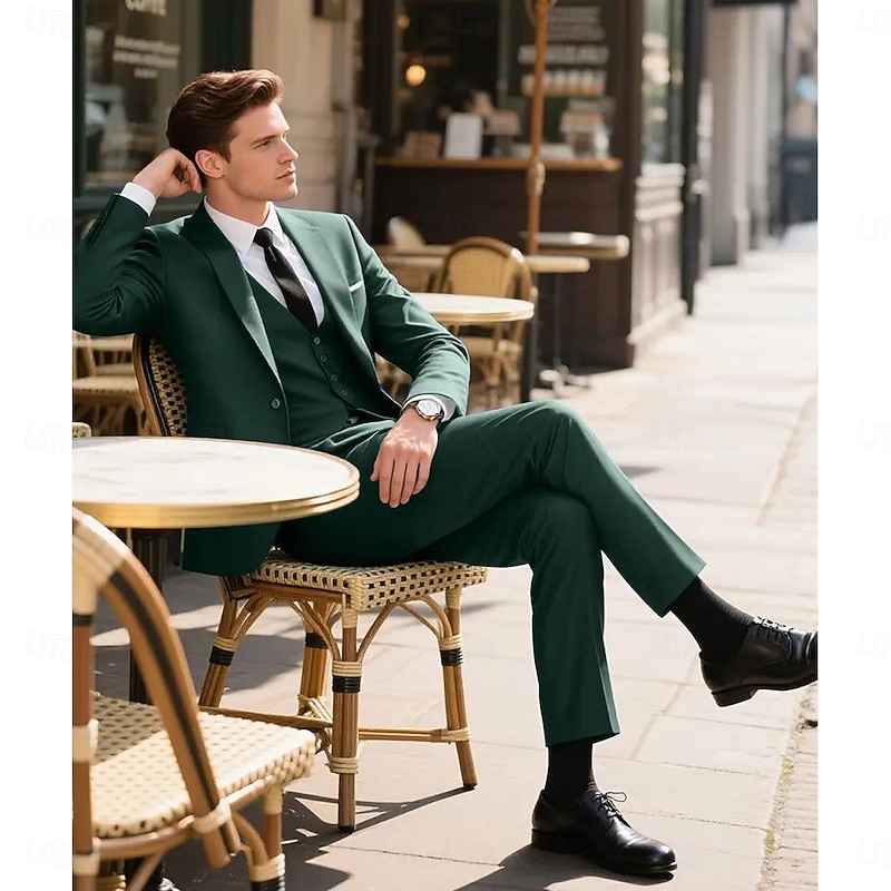 Men's Wedding Business Party Suits Notch Lapel Army Green Casual Formal Solid Colored Slim Fit 3 Piece Single Breasted Two-buttons