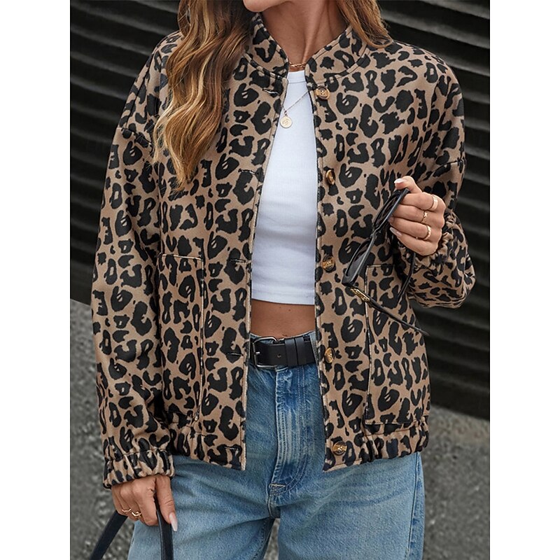 Women's Casual Jacket Comfortable Breathable Pocket Print Vintage Casual Leopard Vacation Street Casual Daily Wear Zipper Regular Stand Collar Regular Fit Long Sleeve Outerwear Brown Spring Fall