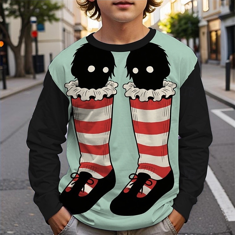 Halloween Boys' 3D Cartoon Striped T shirt Tee Long Sleeve Spring Fall Fashion Basic Kids 4-12 Years Crew Neck Outdoor Casual Daily Regular Fit
